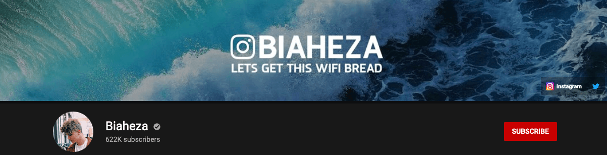 picture of Biaheza's YouTube page with his tag line and number of subscribers
