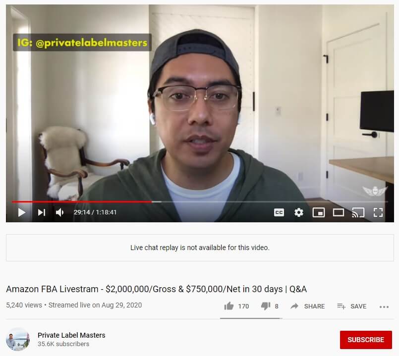 a screenshot of  a private label masters livestream on youtube