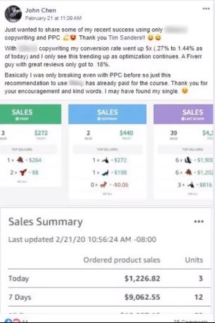student of tim's commenting on their FBA journey through a Facebook post