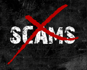 the word scams in white with a red cross marked sitting on a black textured background